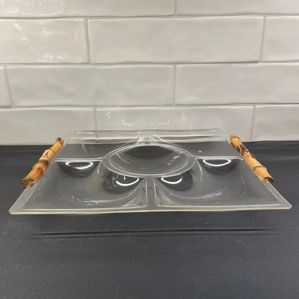 Vintage Bamboo and Acrylic Sectioned Serving Tray